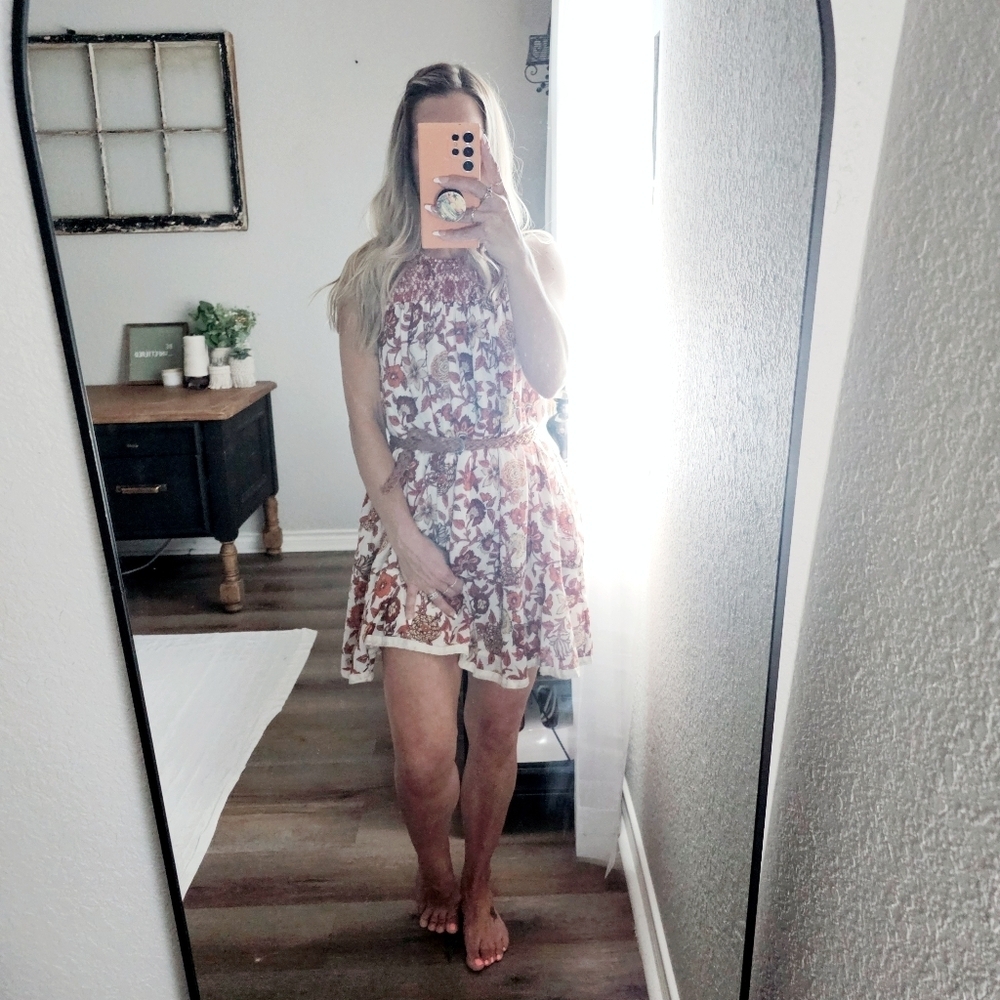 Free People Oh Baby Floral Mini Dress Swing Fully Lined White Cotton Smocked XS - Picture 7 of 16